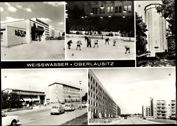 Postcard Weißwasser Oberlausitz, residential complex, HO Minute store, water tower, ice rink Wilhelm Pieck