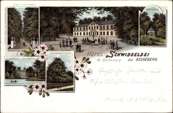 litho Ascheberg in Sleeswijk-Holstein, kasteel Ascheberg, reusachtige kastanjeboom, Hotel Schwiddeldei