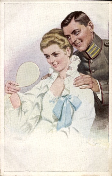 Artist Postcard Nagel, G., Both of us, soldier with wife, our military lieutenants at home