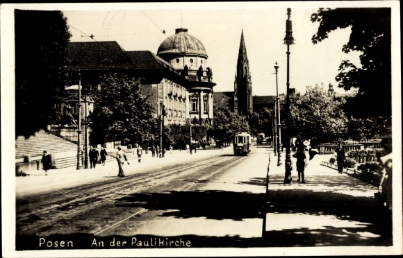 Postcard Poznań Poznań, section at St. Paul&#39;s Church, tram
