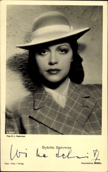Postcard actress Sybille Schmitz, portrait, hat, autograph