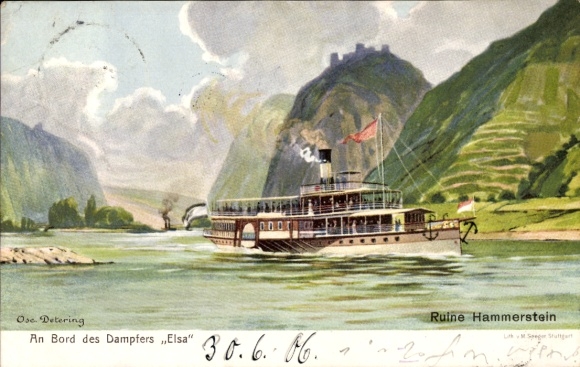 Artist Postcard Detering, Hammerstein am Rhein, Steamer Elsa, Ruin Hammerstein