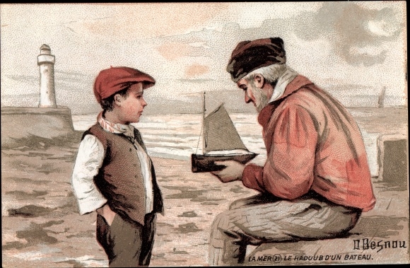 Artist PC Besnau, O., grandfather, grandson, model boat, lighthouse