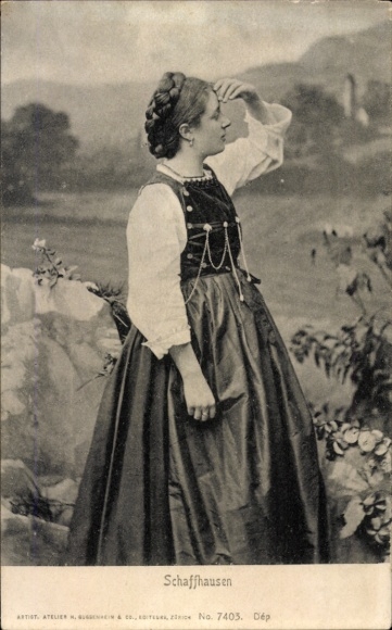 Ak Kanton Schaffhausen Schweiz, Junge Frau in Tracht, Fernblick