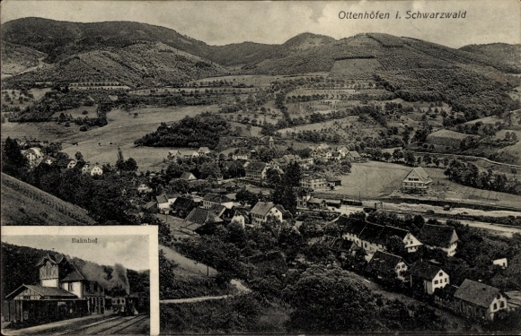 Ak Offenhöfen in het Zwarte Woud Ortenaukreis, panoramisch uitzicht over de stad, treinstation