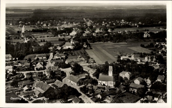 Postcard Gauting in Upper Bavaria, aerial view of church visible, other houses and landscape