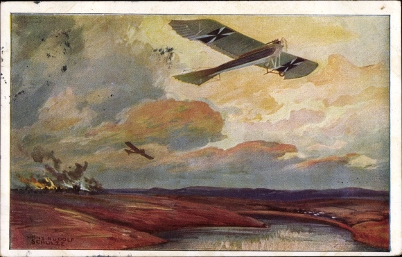 Künstler Ak Schulze, Hans Rudolf, Militärtaube auf Erkundungsflug bei den Masurischen Seen, I. WK