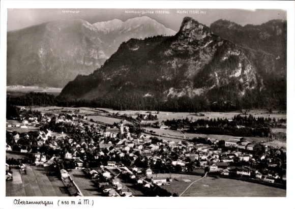 Postcard Oberammergau in Upper Bavaria, black and white photo of mountains in the background, village settlement