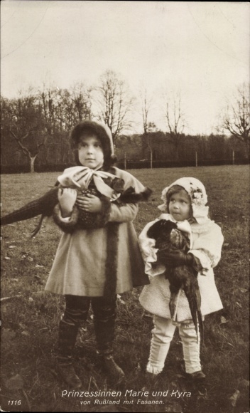 Postcard Princesses Marie and Kyra of Russia with pheasants, portrait