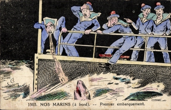 Postcard French sailors, seasick sailor, shark