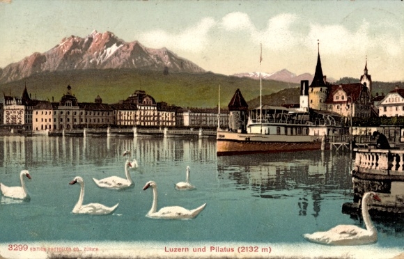 Ak Luzern Stadt Schweiz, Schwäne auf dem Wasser und Pilatus