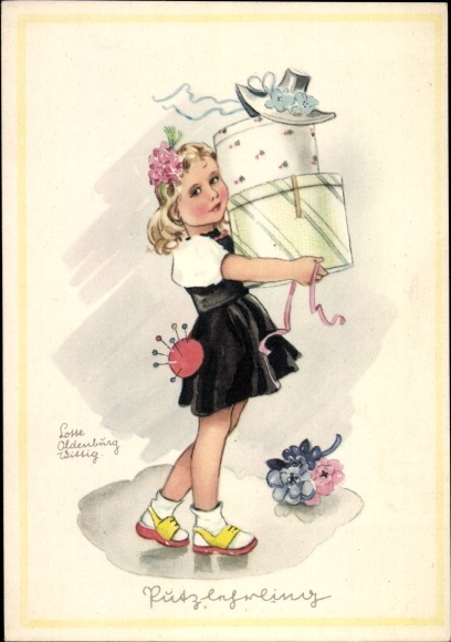 Artist PC Oldenburg Wittig, Lotte, cleaning apprentice, girl with hat boxes, hat maker