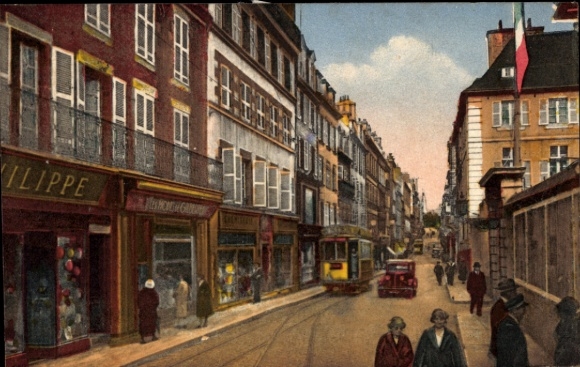 Ak Brest Finistère, Bunte Stadtansicht mit Straßenbahn, Geschäften und Passanten