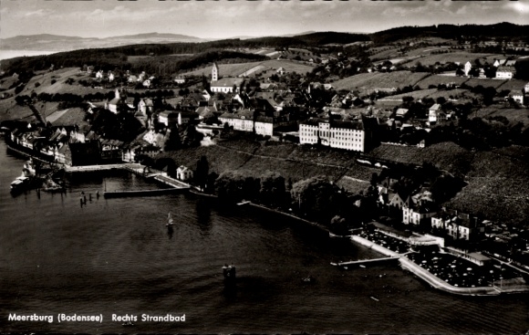 Postcard Meersburg on Lake Constance, landscape with beach, Lake Constance, old houses, ships