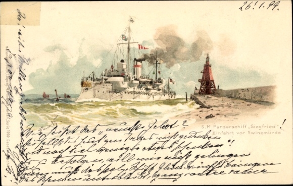 Artist Chromo-Litho Bohrdt, Hans, Swinemünde, German warship, SMS Siegfried, ironclad