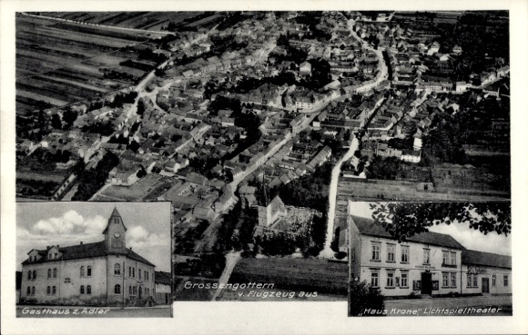 Postcard Großengottern Thuringia, aerial photograph, Gasthaus zum Adler, Haus Krone, cinema
