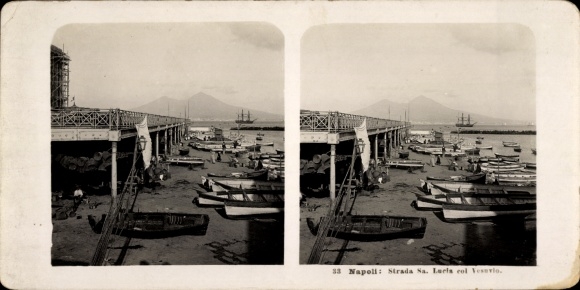 Stereo photo Napoli Naples Campania, harbor area, Vesuvius