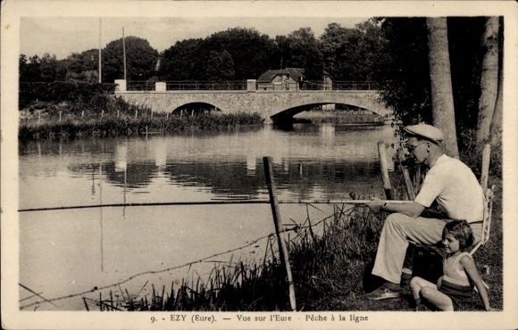 Postcard Ézy Eure, man fishing, child sitting, river view, bridge, tranquil landscape