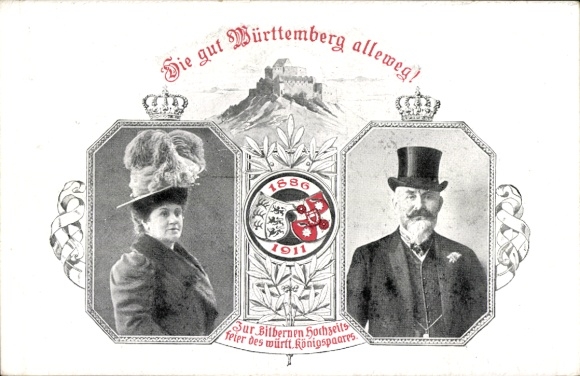 Postal stationery Postcard King Wilhelm II of Württemberg, Queen Charlotte, Silver Wedding 1911