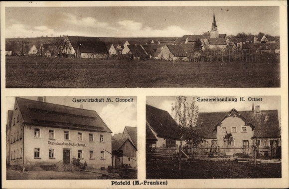 Pocztówka Pfofeld w Środkowej Frankonii, zajazd Goppelt, sklep z przyprawami Ortner, widok całości
