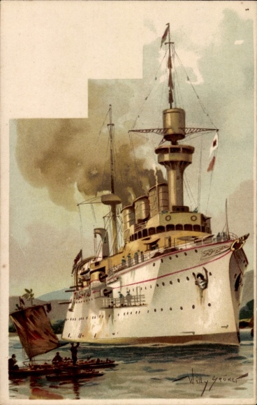Kunstenaar litho Stöwer, Willy, Duits oorlogsschip