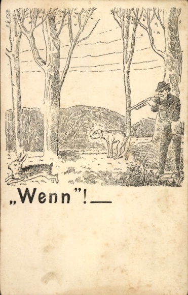 Artist Postcard hunting scene, hare hunt, humor