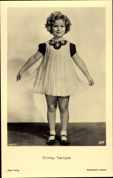 Postcard actress Shirley Temple, standing portrait, dress
