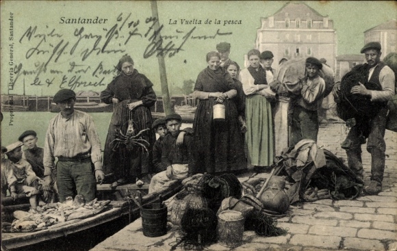 Postcard Santander Cantabria Spain, fishermen in the harbor