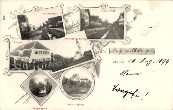 Postcard Unterigling Igling in Upper Bavaria, Igling Castle, mountain chapel, schoolhouse, church, rectory