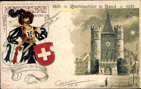 Embossed Coat of Arms Chromo-Litho Bâle Basel Stadt Switzerland, centenary celebration 1901, guard with halberd, Spalentor