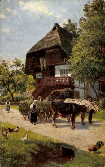 Artist Postcard Hoffmann, H., Green fodder import, wagon, Black Forest house