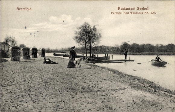 Postcard Hamburg Wandsbek Bramfeld, Restaurant Seehof, beach, dog, rowing boat