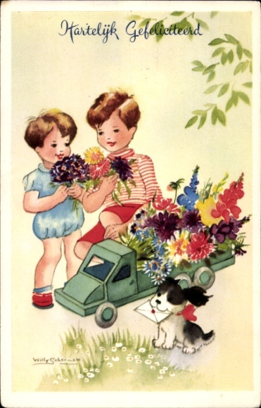 Artist Postcard Schermele, Willy, congratulations, boys with toy car and flowers, truck