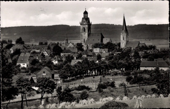 Postcard Nieder Schleidern Waldeck Korbach in Hesse, city view with two churches, trees, fields, hills