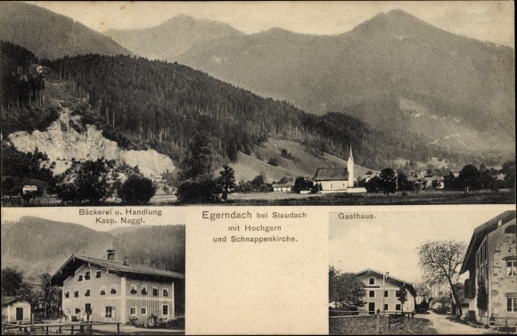Postcard Staudach Egerndach Upper Bavaria, Panorama, Bakery, Action, Inn, Schnappenkirche, Hochgern