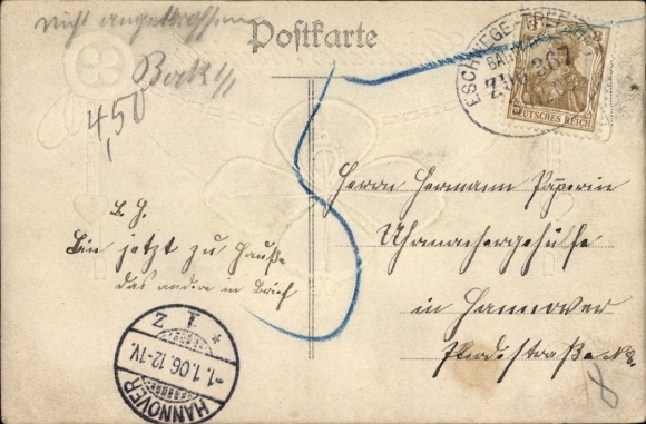 Railway postmark Eschwege - Treffurt, train 367, 31.12.1905 on PC, Michel 54b