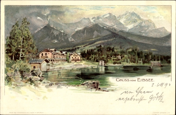 Artist Chromo-Litho Deuchert, H., Grainau in the district of Garmisch Partenkirchen, Eibsee, mountains