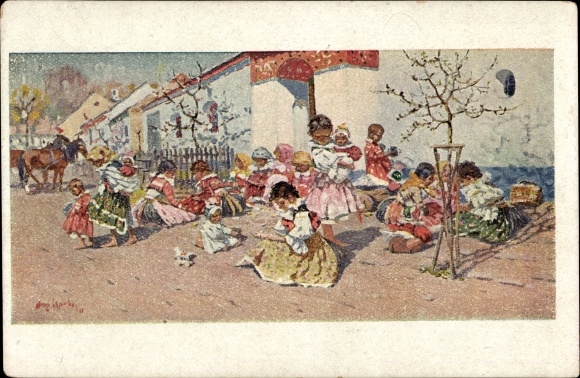 Artists Postcard Uprka, Joza, Spring has come, Czech and Slovak folk costumes, children
