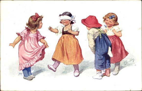 Kunstenaar ansichtkaart Feirtag, Karl, kinderen spelen blindemannetje