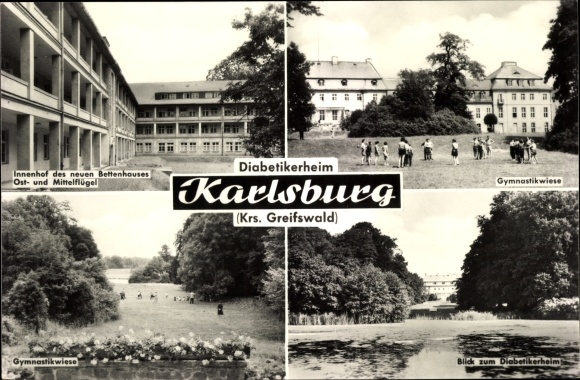 Postcard Karlsburg in Mecklenburg-Western Pomerania, home for diabetics, gymnastics meadow, inner courtyard