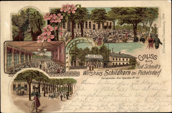 Chromo-Litho Berlin Spandau Wilhelmstadt Pichelsdorf, Wirtshaus Schildhorn, hall, garden
