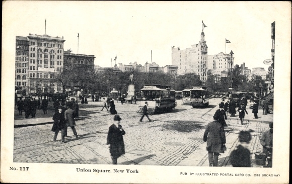Postcard New York City USA, Union Square, streetcar