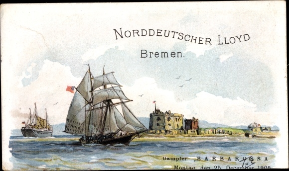Artist litho door Eckenbrecher, Themistokles, stoomboot Barbarossa, Norddeutscher Lloyd Bremen