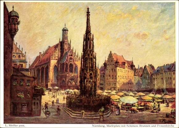 Artist PC Mößler, L., Nuremberg, market square with a beautiful fountain and Church of Our Lady, market life
