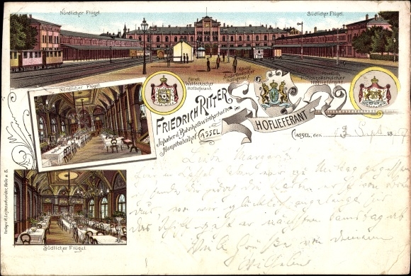 Chromo-Litho Kassel in Hesse, station economy at the main station, purveyor to the court Friedrich Ritter, coat of arms