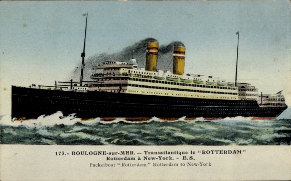Postcard Boulogne sur Mer Pas de Calais, transatlantic cruiser Rotterdam in operation