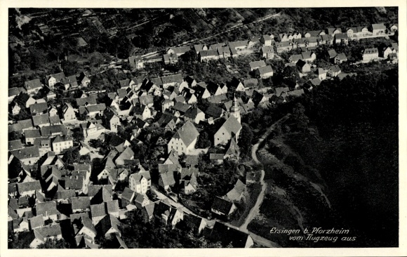 Postcard Ersingen Kämpfelbach in Baden, aerial photograph of Ersingen near Pforzheim, view of houses, black-