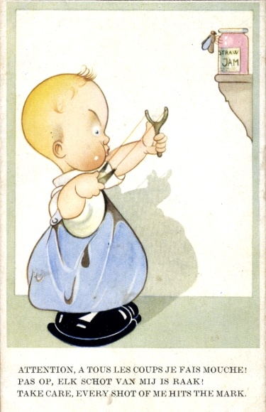 Postcard Boy aims a slingshot at a fly on the jam jar