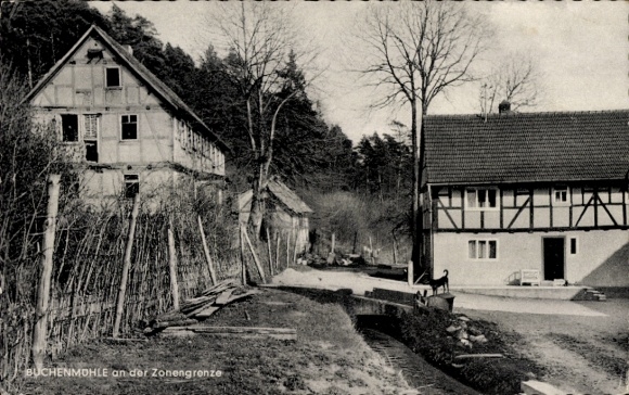 Postcard Soisdorf Eiterfeld in Hesse, old beech mill on the zone border