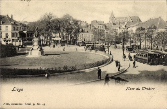 Postcard Liège Liège Wallonia, square with statue, tram, trees, people, buildings